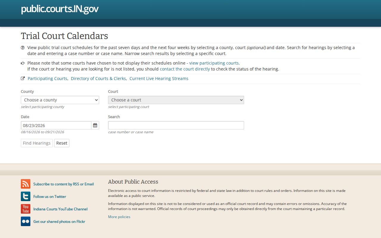 LaGrange County court schedule calendar search interface