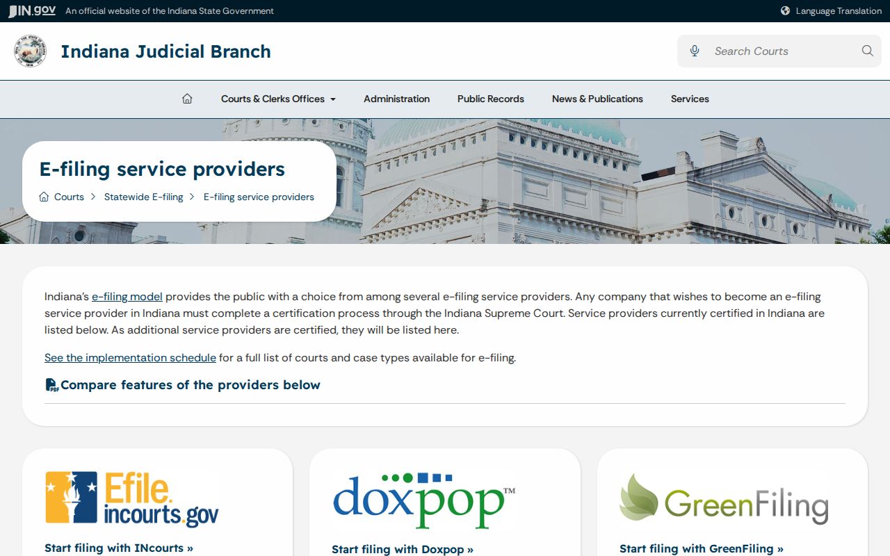 Indiana certified e-filing providers relevant to Shipshewana cases