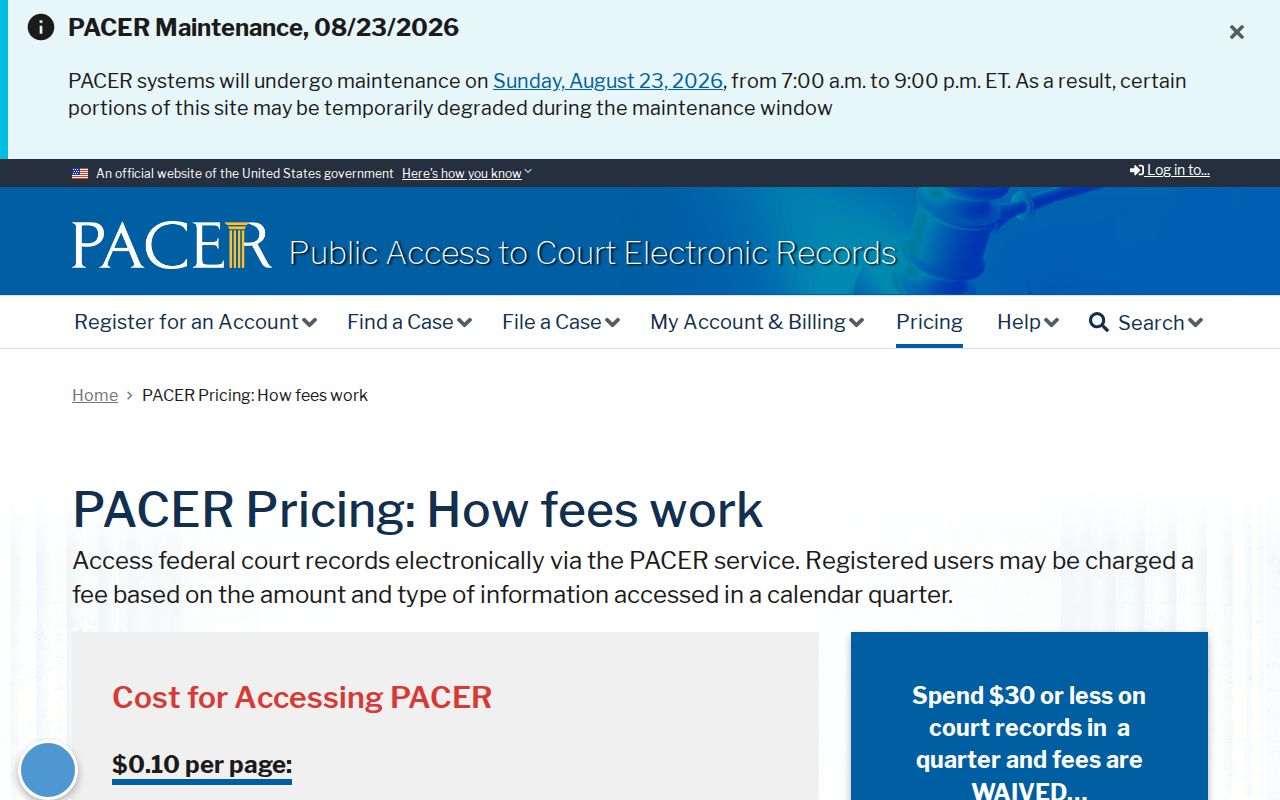 Official PACER pricing page for federal records involving Shipshewana
