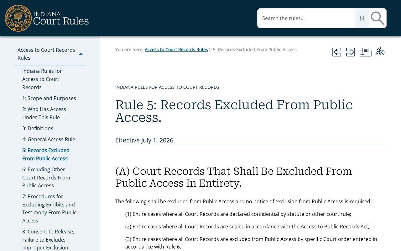 Indiana Rule 5 confidential court record categories